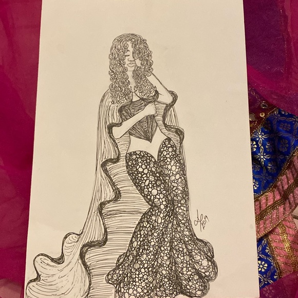 Unframed Original Art Drawing Figure Fashion Portrait Gown & Cape in Ink - Picture 1 of 4